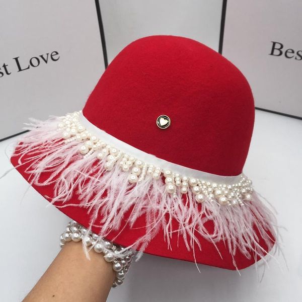 

wide brim hats bucket spring autumn period and the red wool hat for women pearl of small sweet atmosphere quality, Blue;gray