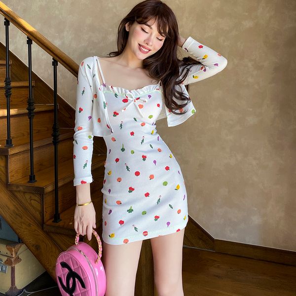 

2021 new dress cardigan ensemble for women, women's elastic and vintage mesh, fruit pattern, super sweet, ns2n, Black;gray
