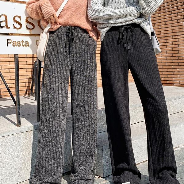

thicken sweater pants women fall winter wide leg pant loose straight large size high waist trousers lace up elastic waist, Black;white