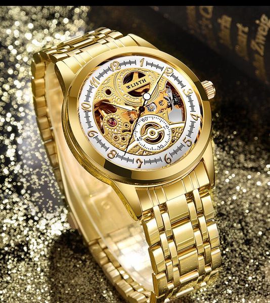 

new men's watches automatic mechanical gold male clock skeleton dial waterproof stainless steel hollow sports watch reloj hombre, Slivery;brown