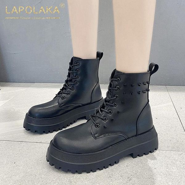 

boots lapolaka 2021 fashion punk style cool rivet trendy woman shoes non-slip comfy soft heel shoelace ins dropship booties, Black