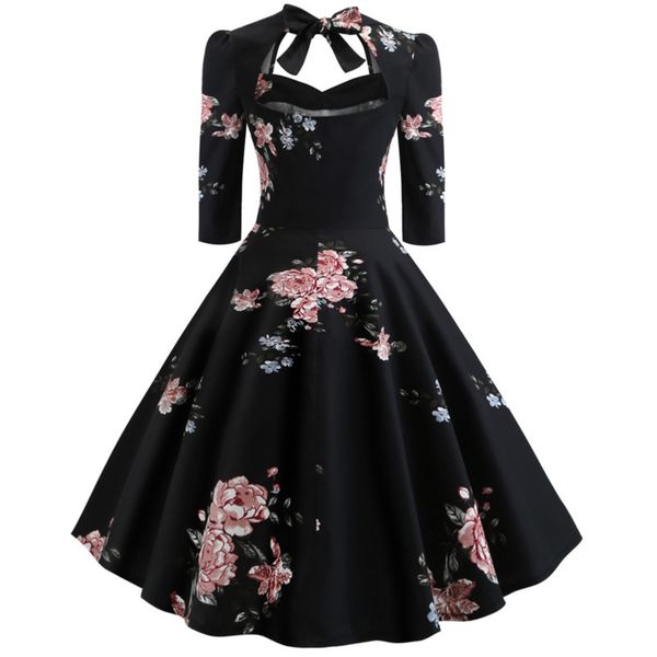 

swing bow waist new dress print fluffy skirt 1138 d732, Black;gray