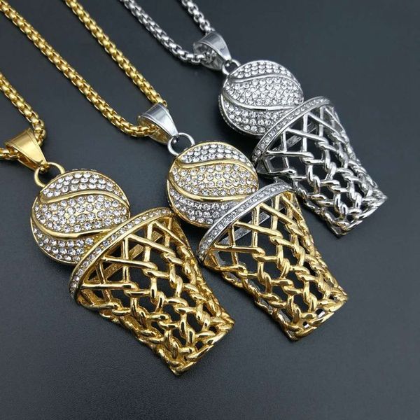 Hip Hop Hip Hop Sport Trend Schmuck Titan Stahl vergoldet Diamant Basketball Netzrahmen Halskette Anhänger Halskette GD1237