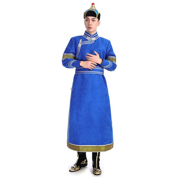 

mongolian style costumes mens long gown male deerskin fleece clothes festival party robes stand collar national folk dance stage wear, Black;red