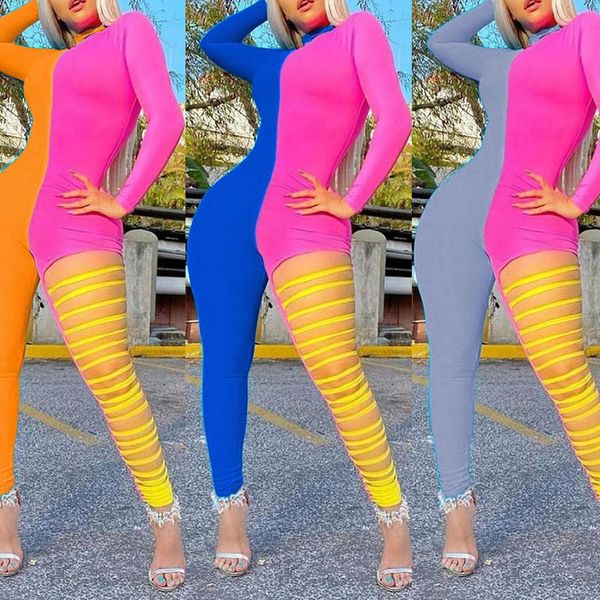 

women's jumpsuits & rompers women full sleeve turtleneck skinny jumpsuit hollow out patchwork back zipper fashion fitness sport streetw, Black;white