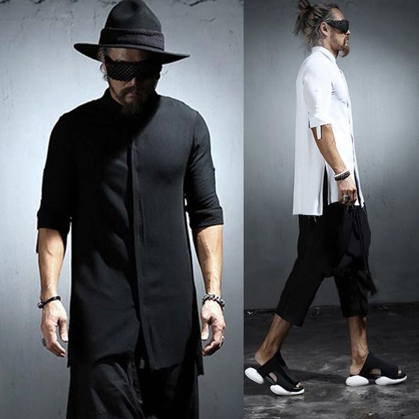 

2021 new men's clothing summer male personality low-high sunscreen shirt male slim three quarter sleeve shirt singer costumes, White;black