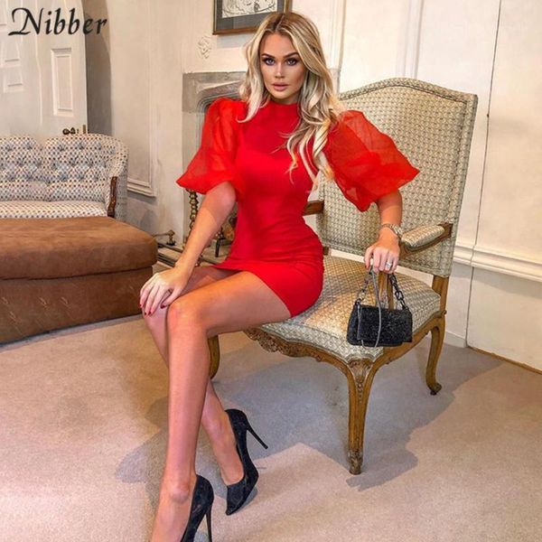 

nibber red elegant slim puff sleeve bodycon wild mini dresses for women 2020 spring new style black high waist party dress mujer1, Black;gray