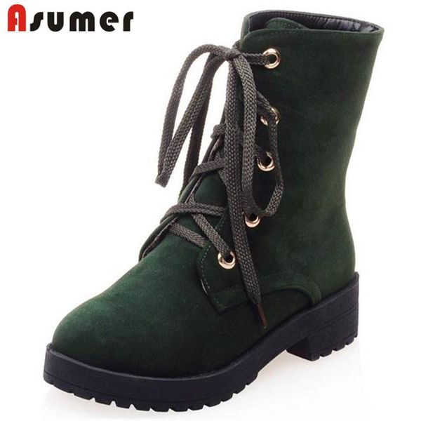 

boots asumer size 33-43 2021 fashion flock lace up ankle women square med heels round toe spring autumn, Black