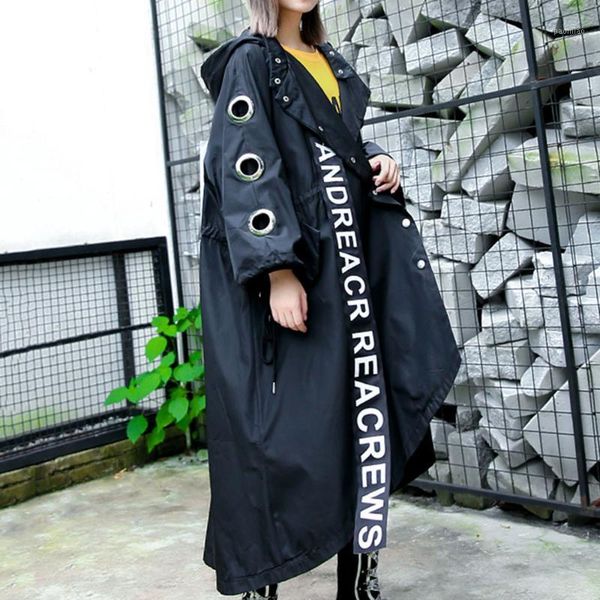 

korean punk gothic women trench coat oversize hooded coats loose letter animal print hollow sleeve brand design long outwear1, Tan;black