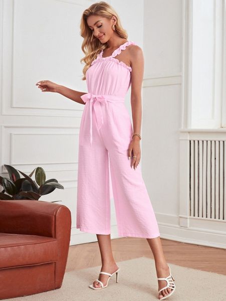 

frill trim belted jumpsuit z04u#, White