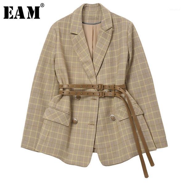 

eam] women plaid belt split temperament blazer new lapel long sleeve loose fit jacket fashion tide spring autumn 2020 1r1321, White;black