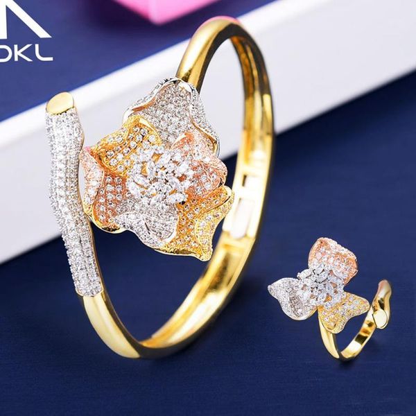 

godki trendy flower cubic zircon crystal cz engagement bangle ring sets for women wedding bride dubai bridal jewelry sets1, Silver