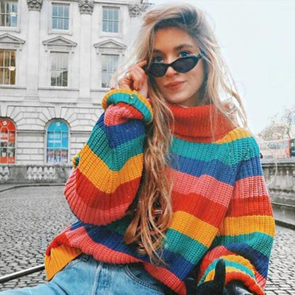 

turtlenecks rainbow sweaters oversized striped knitwear long sleeve jumper for women 2019 winter warm sweater streetwear, White;black