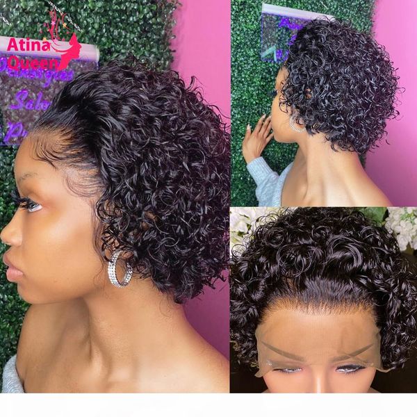 

water wave bob pixie cut wig 13x4 short wig invisible pre plucked lace wig remy hair, Black
