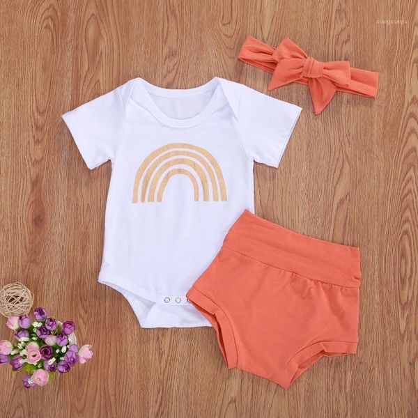 

0-18m cute infant baby girl clothes rainbow print short sleeve romper +brown high waist ruffle shorts 2pcs cotton set1, White