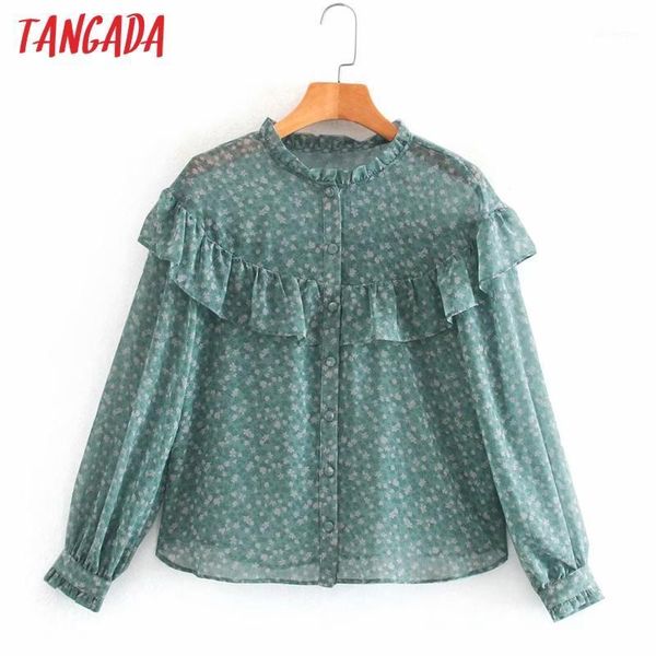 

tangada women retro green flowers print chiffon blouse long sleeve chic female casual xn1371, White