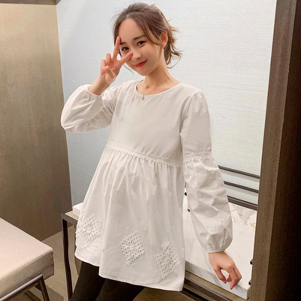 

6602# white cotton maternity blouse spring korean fashion shirt clothes for pregnant women sweet pregnancy drop shipping lj201123