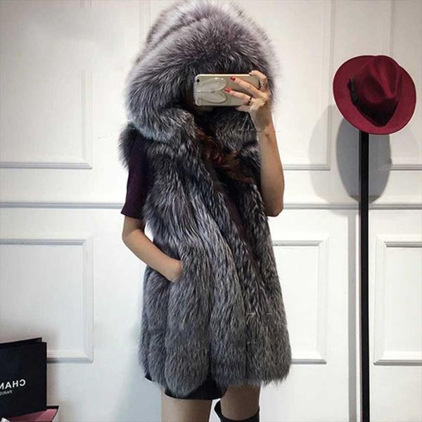 

new fur vest imitation silver fox fur coat hooded vest vertical stripe medium long large size women vests coats, Black