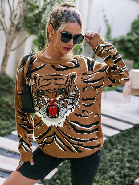 

simplee tiger pattern drop shoulder sweater y8lk#, White