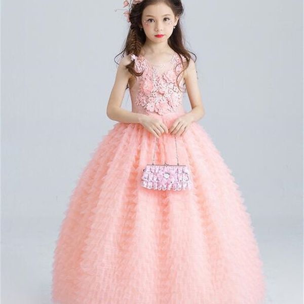

luxury pink tulle flower girl dress kids wedding dress ankle length appliques bead kids party prom dress first communion dresses t200624, Red;yellow