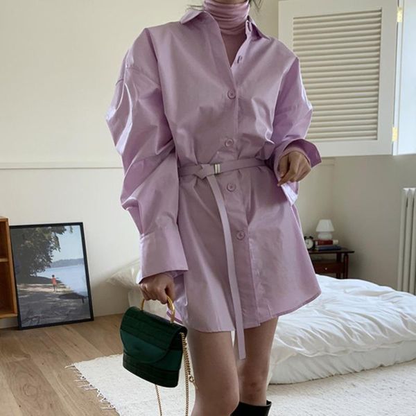 

women's blouses & shirts [ewq] 2021 autum winter turn-down colla simple fashion trend lady full puff sleeves with belt loose casual shi, White