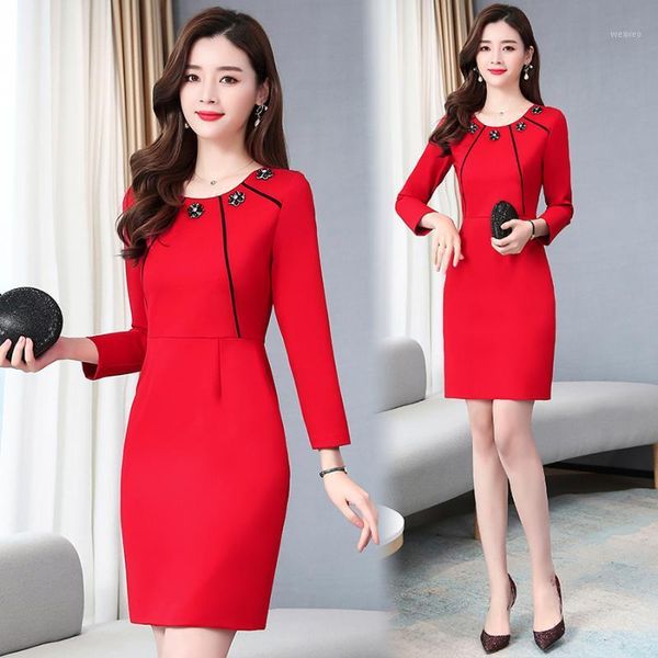 

2020 vintage office lady red mini dress spring autumn 4xl plus size long sleeve solid dress elegant women bodycon party vestidos1, Black;gray