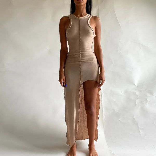 

solid summer simple slit no sleeve long dress 9326 swimsuit bandage bathing suits pad
