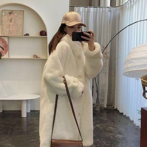 

women's fur & faux coat women casual korean hoodies furry thick bat sleeved warm long jacket loose winter outwears, Black