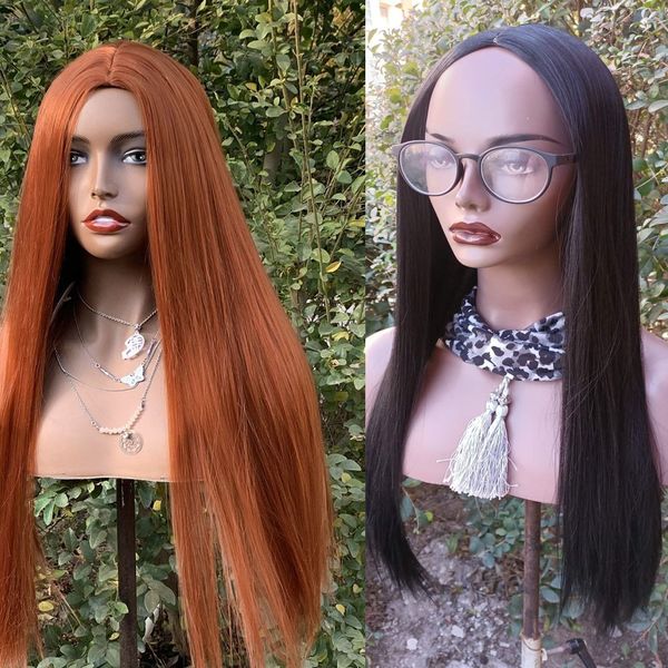 

orange red machine synthetic wig long black silky straight fiber hair for black women with natural middle part, Black;brown