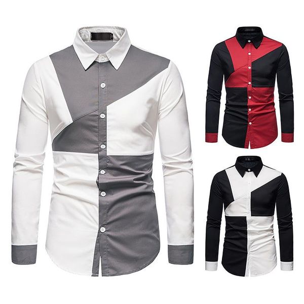 

2021 new hollow european size men's trend splicing asymmetric long-sleeved shirt western denim shirt slim fit social dress, White;black