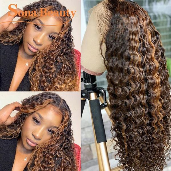

13x4 highlight curly human hair wig pre plucked brazilian remy piano color deep wave lace front wigs for black women, Black;brown