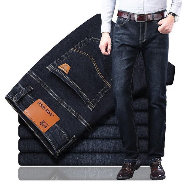 

men's jeans 2021 autumn and winter high waist small straight multi-pocket business men's pants slim stretch fabric thick denim tro, Blue