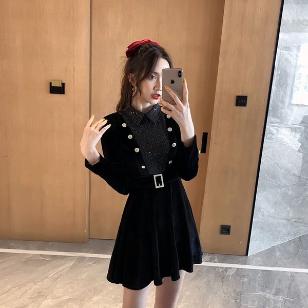 

early autumn 2020 new women's small fragrance high-end celebrity style with waist closing and light cooked dress dress small black skir, Black;gray