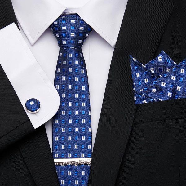 

bow ties men`s tie 100% silk blue plaid print jacquard woven clip + hanky cufflinks sets for formal wedding business party, Black;gray