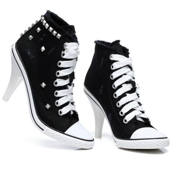 

women pumps denim lace up 8cm thin heels high heels round toe ankle strap rivet shallow zapatos de mujer women size 35-42, Black