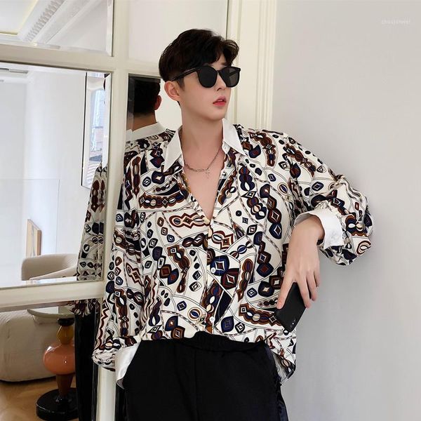 

men shirts long sleeve 2020 streetwear men shirt spring autumn vintage fashion printing stage show dress shirt oversized blouse1, White;black