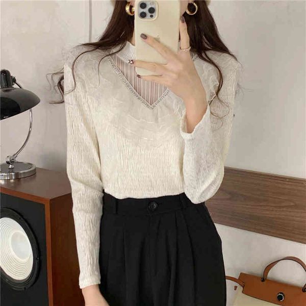 

woman chic shirt spring mesh ruffled stitching design v-neck lace half high neck bottoming knitted trend, White