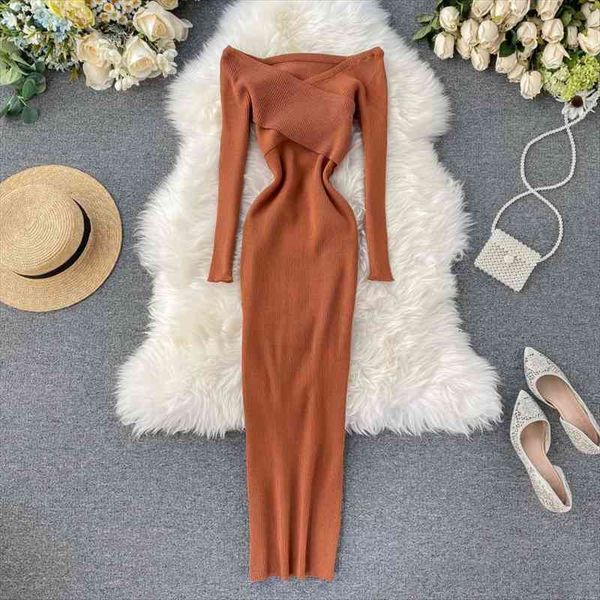 

slim off shoulder cross criss autumn knit sweater midi long dress bodycon party winter women casual elegant vestidos, Black;gray