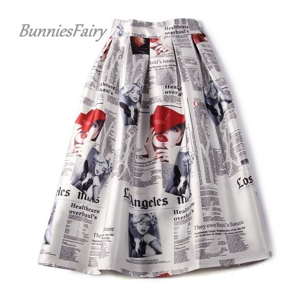 BunniesFairy 2020 Frühling 50er 60er Jahre Vintage Retro Lady Zeitungsdruck Hohe Taille Plissee Flare Midirock Saia Longa Plissada Y200704