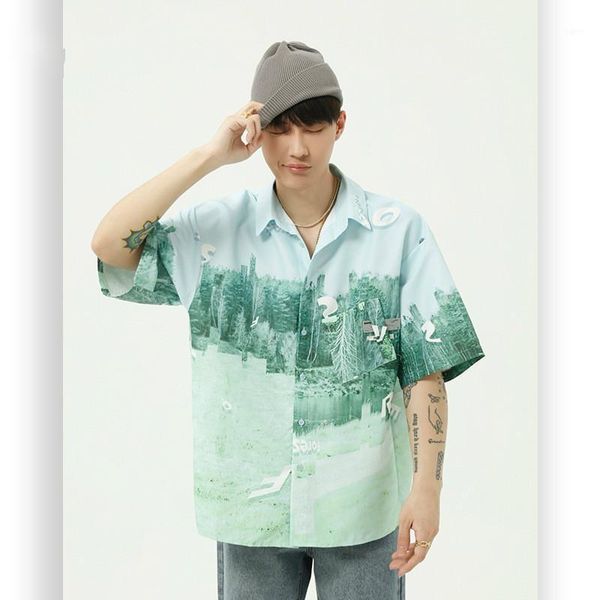 

male summer beach shirt men vintage print streetwear hip hop loose casual short sleeve shirts1, White;black