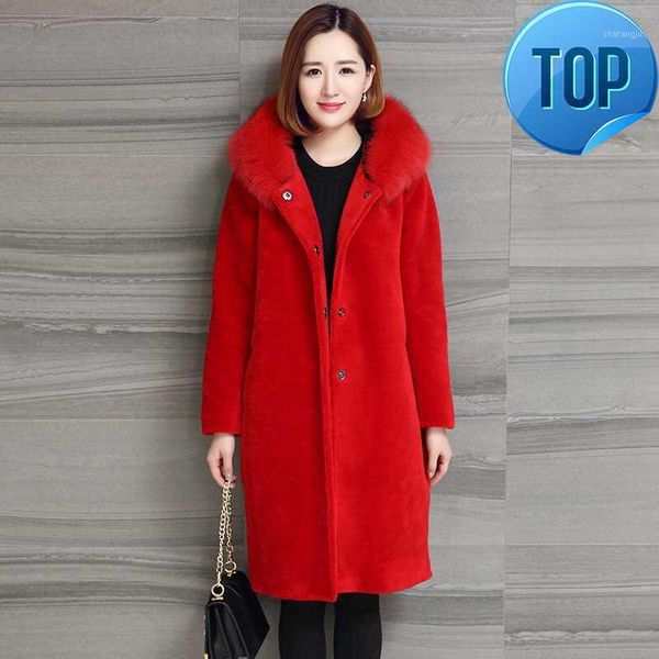 

women 2020 real sheep shearing fur coat fur collar hooded coats medium-long winter jacket plus size s-5xl ny701 s1, Black