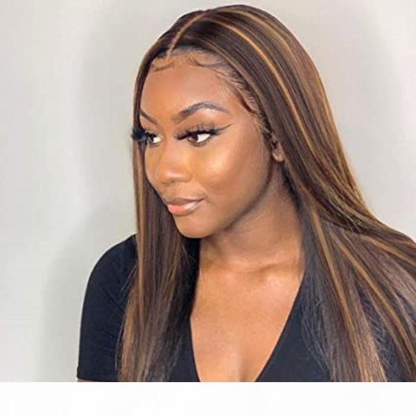 

ombre highlight lace brazilian hair wig 150% density, brazilian remy hair silk base fake scalp blonde streaks straight human hair wig 20inc, Black;brown