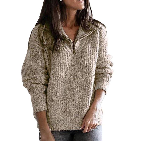 

women's sweaters women lapel neck warm autumn winter daily baggy stylish knitted sweater long sleeve zippered dating shopping solid cas, White;black
