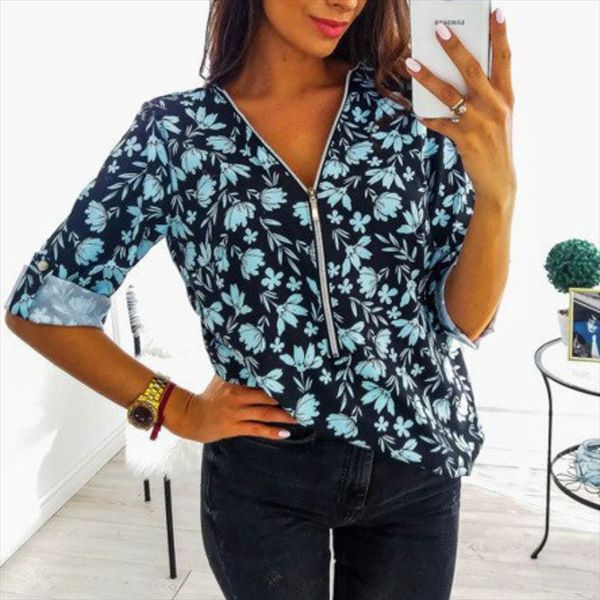

новая осень женщина топы блузка с длинным рукавом flroal печати zipper v neck блузка женской повседневным шифон рубашки плюс размер топ 5xl, White