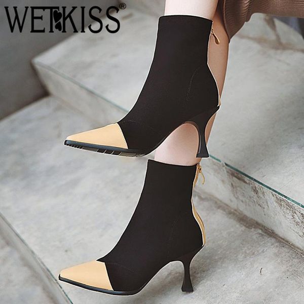 

boots wetkiss plus size 34-48 ankle women square toe zip footwear flock female boot pu high heels shoes 2021 winter, Black