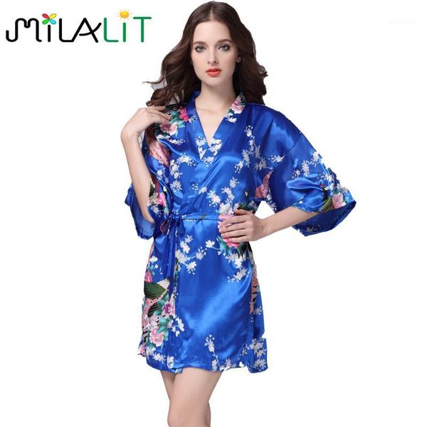 

milalit soft peacock bird floral pattern multi color cool silky morning gown robes tape ribbon tie sleepshirts for home lounge1, Black;red