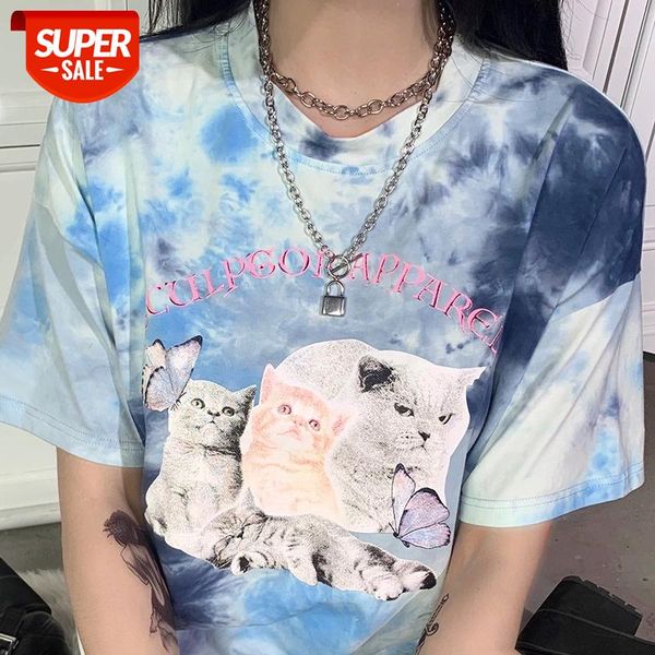 

artsu women's t shirt harajuku cute cats tie dye short sleeve summer streetwear casual oversize 2020 tee asts52113 #o10b, White