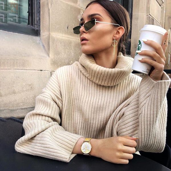 

quevoon autumn winter 2019 sweater for women solid khaki loose knitted turlteneck sweaters crochet womens pullover fashion knit, White;black