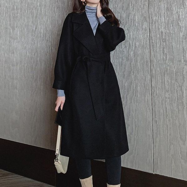

womens winter lapel wool coat trench jacket long overcoat outwear female black winter coats long outerwear for women y10.221