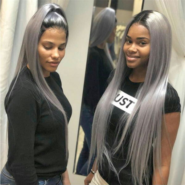 

lx brand ombre grey 13*4 lace front wig natural hairline heat resistant fiber long straight synthetic hair wig for women with baby hairfacto, Black